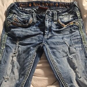 Rock Revival Faded Blue Denim with Colorful Stitching
